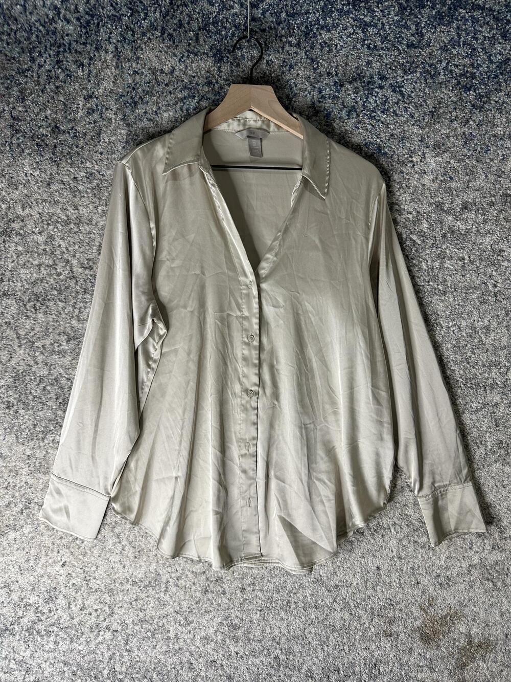 H&M Shirt Mens Large White Satin Stretch Long Sleeve Button Up Dress Workwear